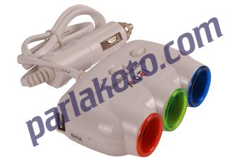 Carub 1702102 3'lü Beyaz Çakmaklık Çoğaltıcı 12v Kablolu ve 2 USB'li Işıklı